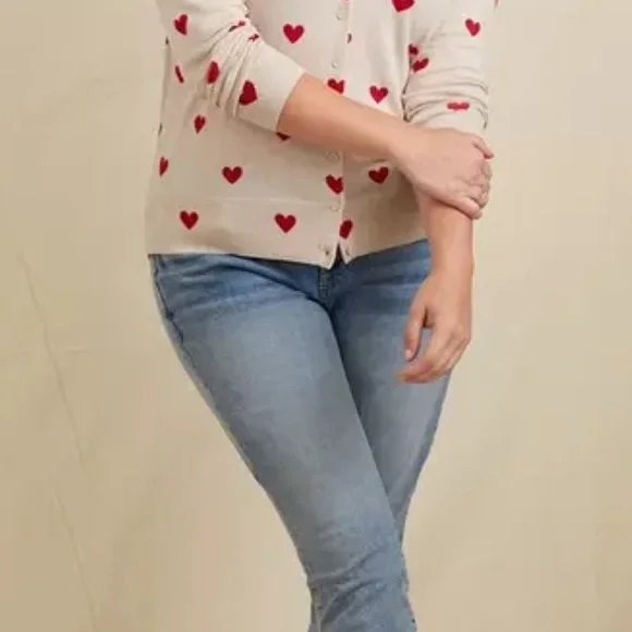 Torrid Cream Cardigan with Red Heart Pattern - Picture 4 of 5